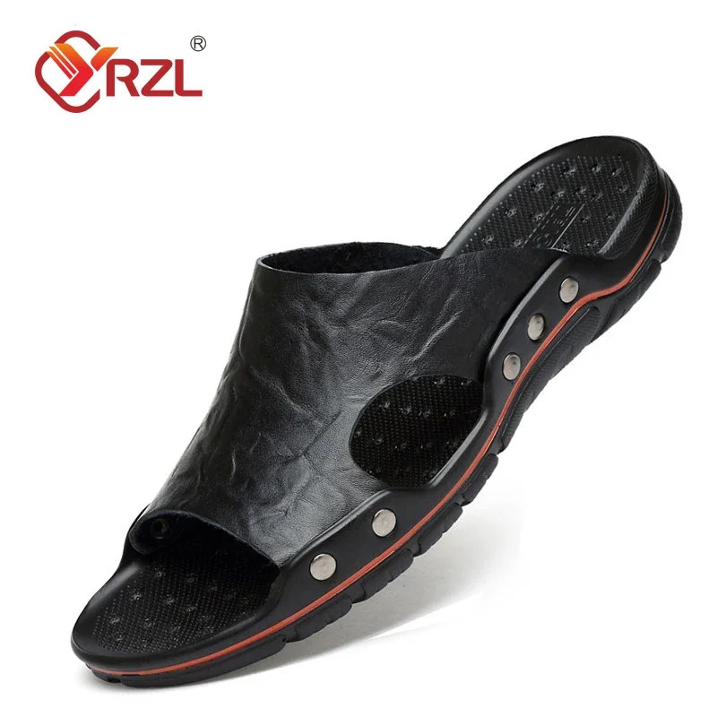 YRZL Sandals Mens Leather Classic Summer Men Slippers Soft Black Slippers PU Leather Slippers Lightweight EVA Slides for Men 250605