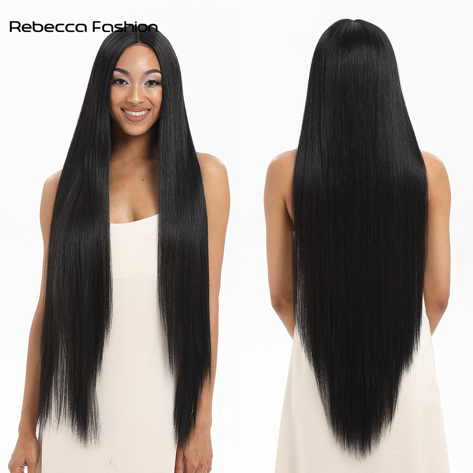 Rebecca Fashion Straight Synthetic Front 13*6*1 For Women 38 Inch Long Ombre Brown Red Blonde Hightlight Lace Frontal Wigs Cosplay Wig