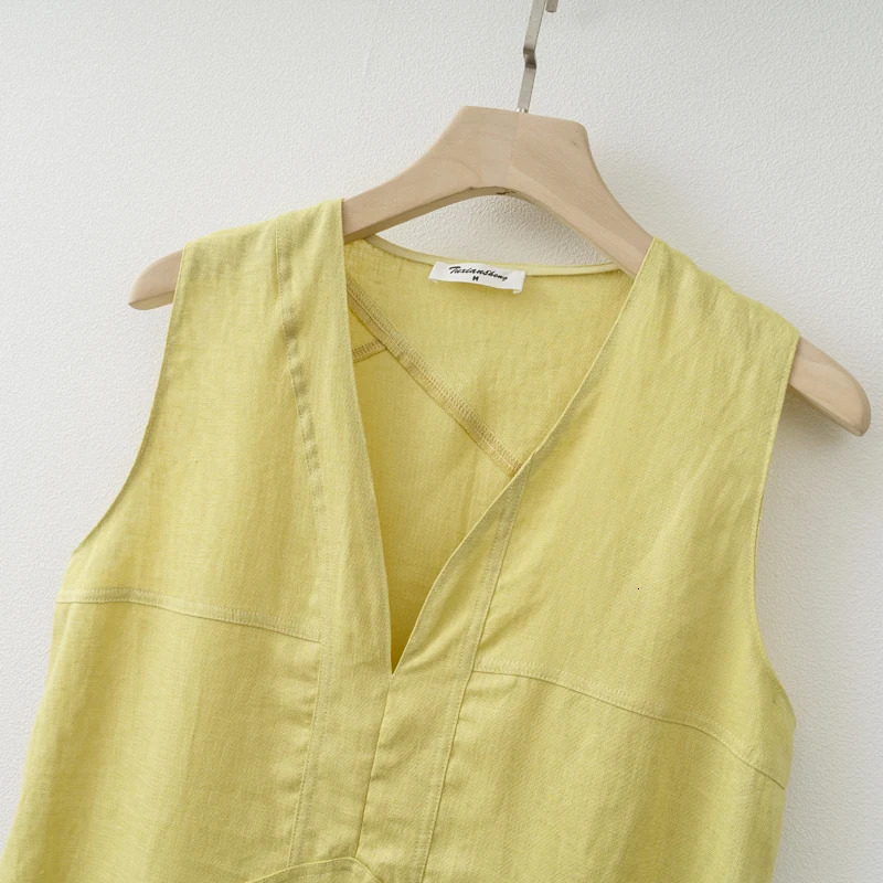 Summer Women Solid Linen V Neck Sleeveless Fashion Dress Split Tank Dress 250529