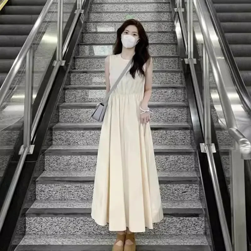 Romantic French Style Sleeveless Vest Dress Womens Summer Midi Skirt Lengthened Waist Cinched Meat Concealing Dress 250604