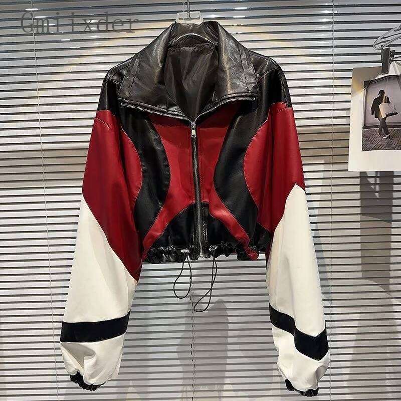 Hot Selling Contrasting Patchwork Short Coat Unisex Motorcycle Women's Autumn American Drawstring Leather Jacket