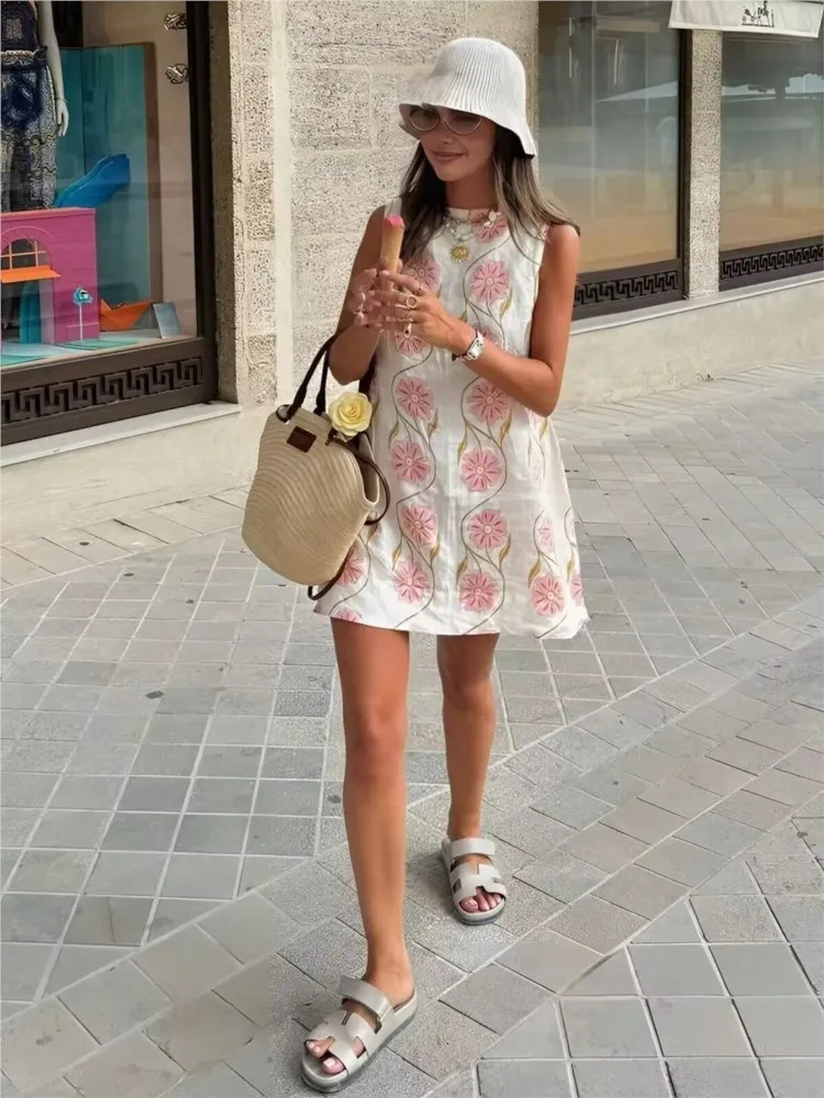 TRAF Print Short Dress Spring Prairie Chic Sleeveless Womens Loose O Neck Simple Midi Casual Lady Dresses 250604