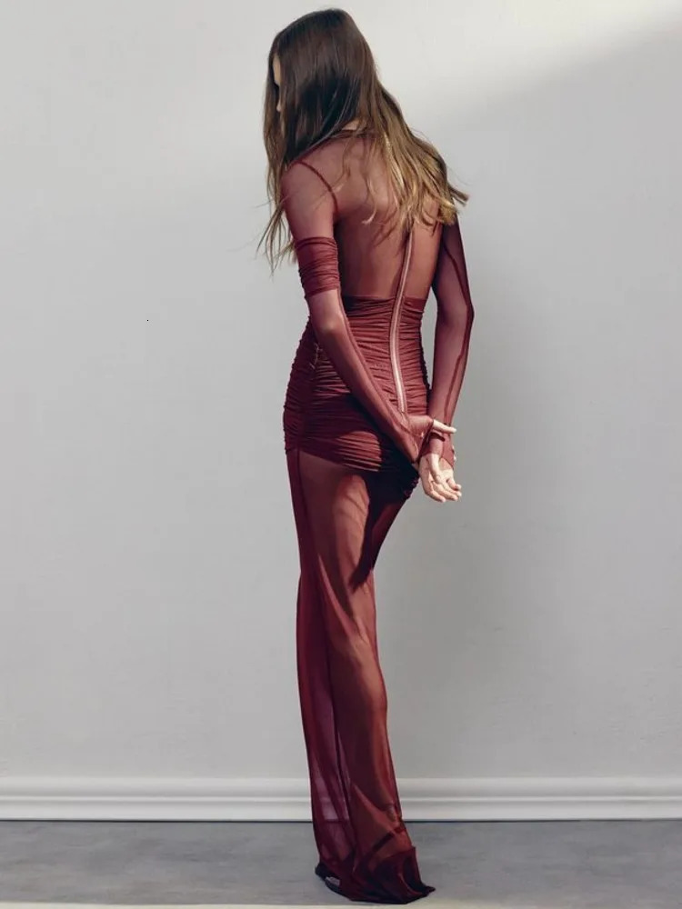 Articat Elegant Mesh Patchwork Long Sleeve Bodycon Party Club Evening Dress Sexy Double Layer Perspective Vestido Autum Clothing y250526