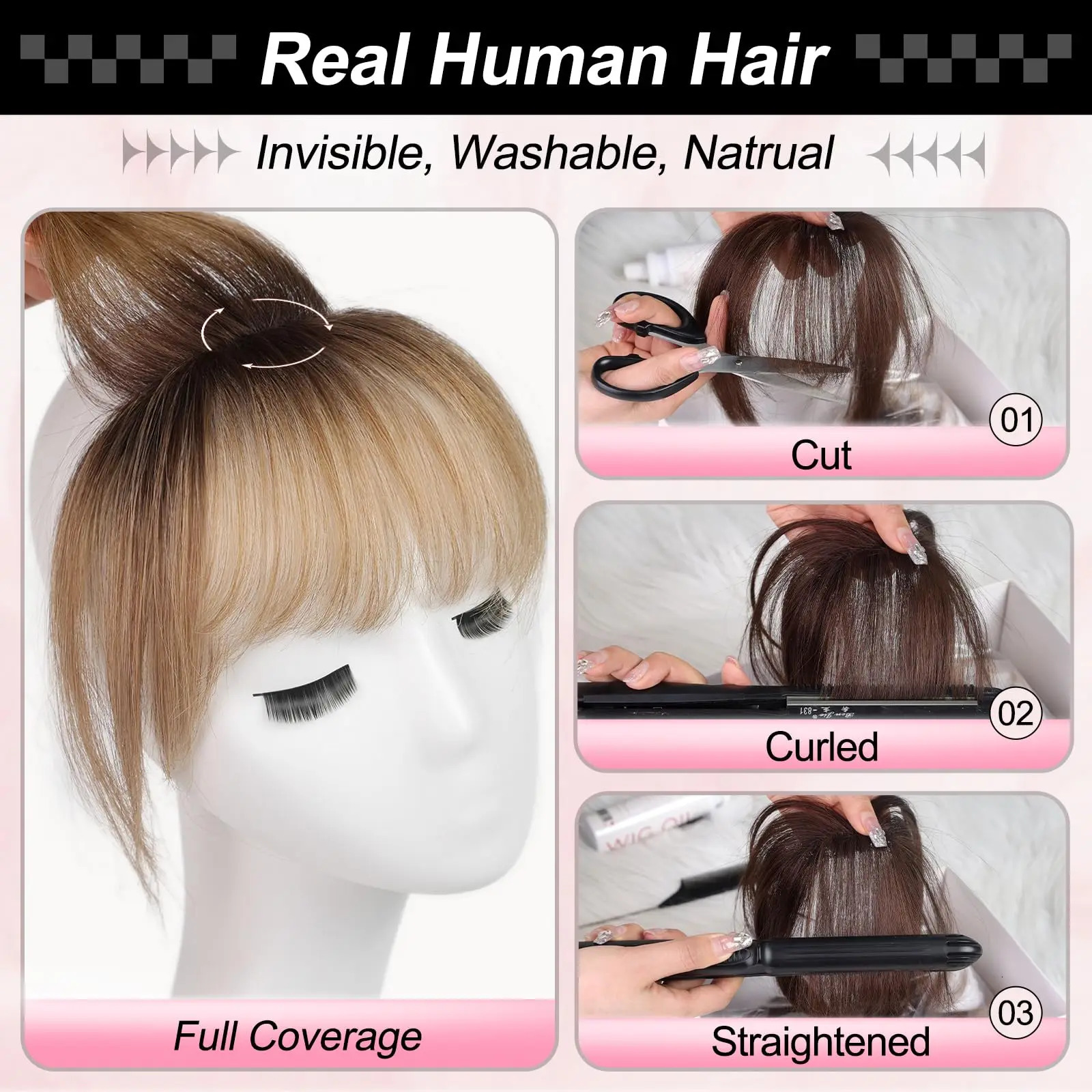 3D Wispy Human Hair Bangs for Women Natural Looking Full Coverage Clips In Remy Hair Bang Hand Tied Lace Base Fake Bangs 250529