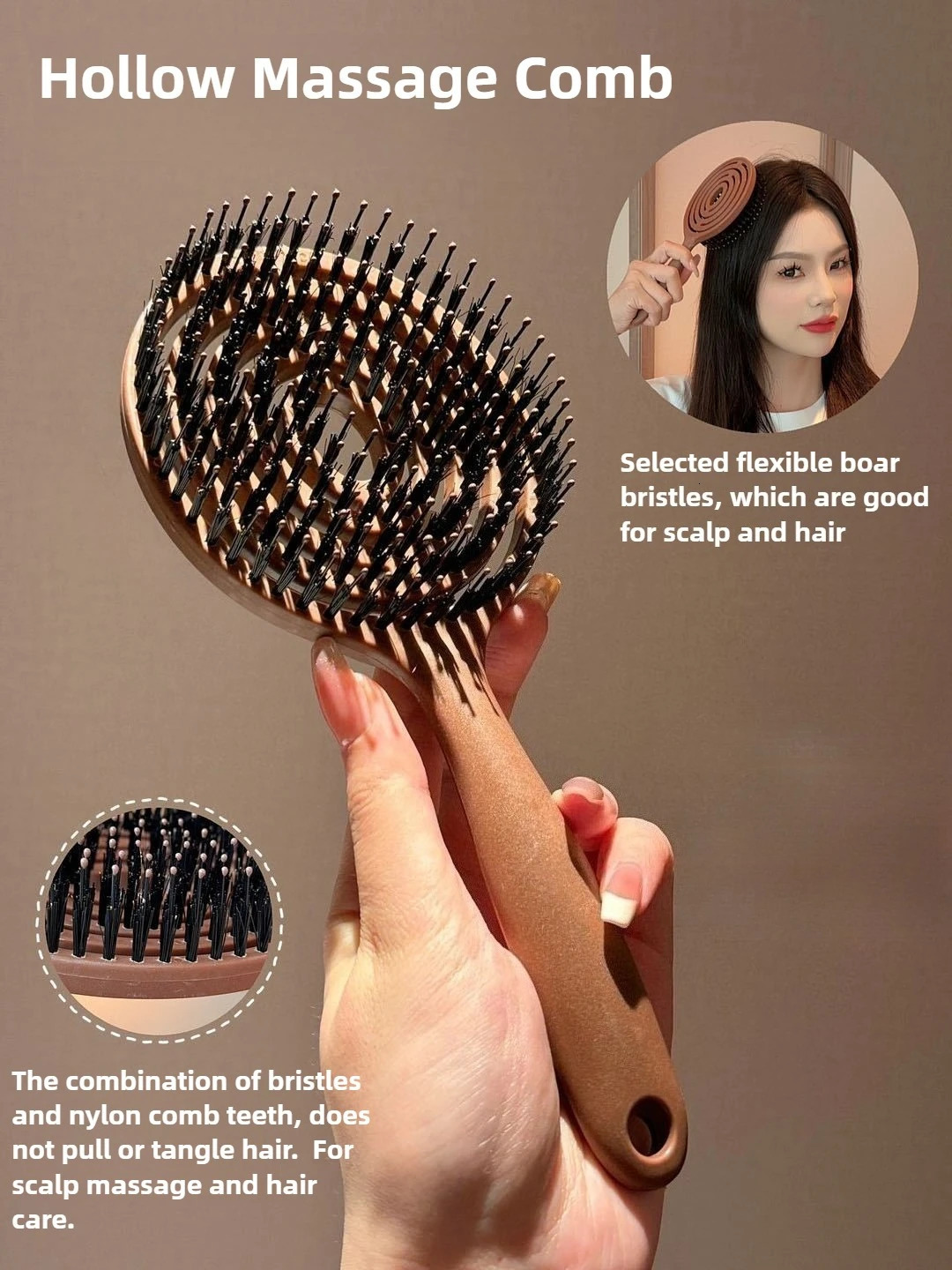 Boar Bristle Detangling Hair Brush Women Scalp Massage Comb Hollow Out Wet Curly Hair Comb Barber Hairdressing Styling Tools 250603