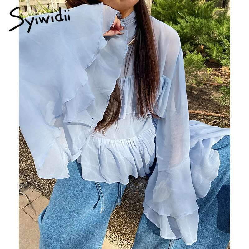 Syiwidii Temperament Turtleneck Blouse Women Blue Mesh See Through Ruffles Flare Sleeve Tops 2025 New Chic High Street Blouses