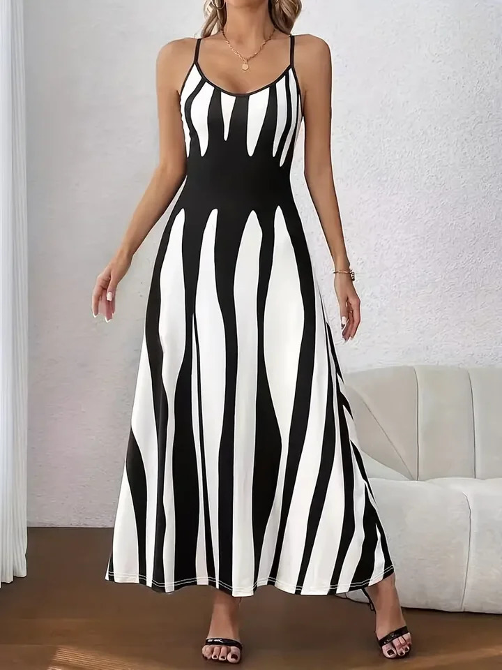 Summer Casual VNeck Sleeveless Long Dress European Style Print Strapless Gown Elegant Womens Maxi Dress 250604