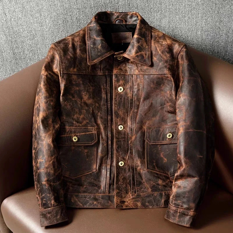 Style Heavy Oil Wax Top Layer Tea Core Horse Leather Short Section Slim Mens Genuine Leather Jacket Retro Coat 250530