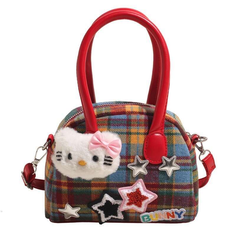 Korean Style INS Exquisite Plaid Cute Kitty Bow Star Fashion Handbag Crossbody Bag for Women Y2K Backpack