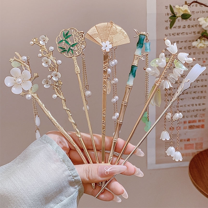 Elegant Chinese Style Hair Accessory Romantic Enameled Flower Tassel Clip Alloy Jewelry Hairpin For Women Fashion y250519