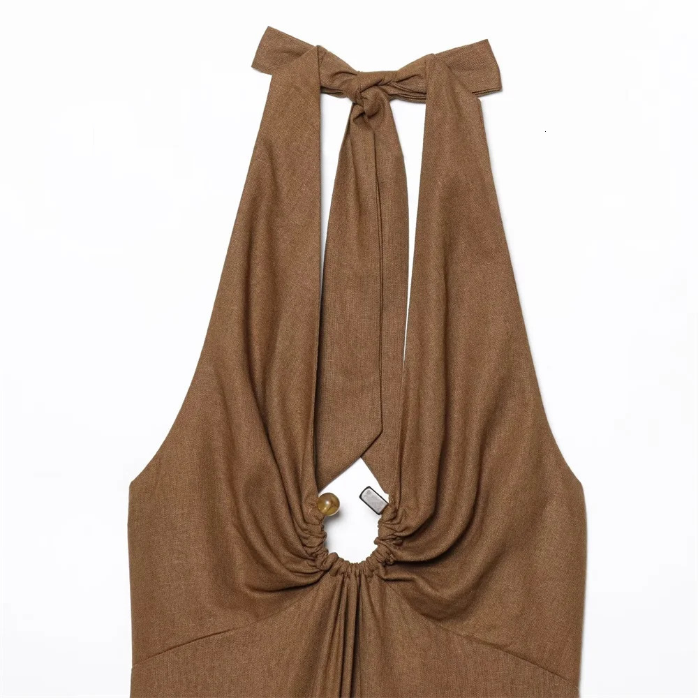 UNIZERA Womens Summer Product Fashionable and Sexy Buckle Decoration Midi Hanging Neck Collar Bareback Dress Long Skirt 250604