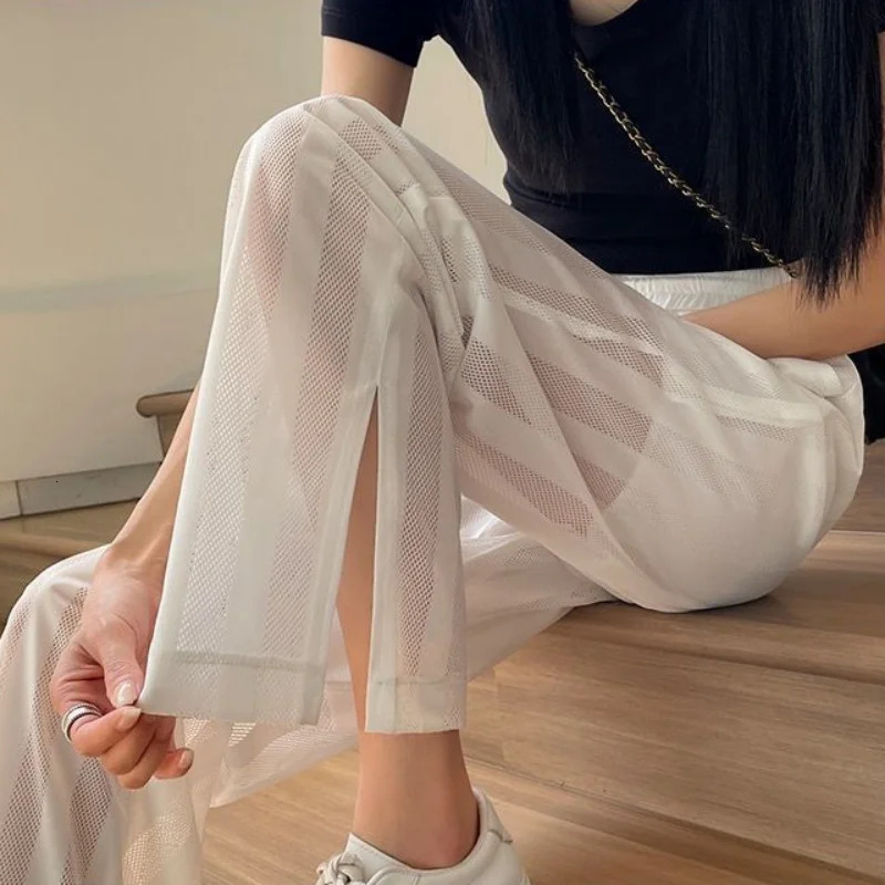 Womens Pants with Slits Clothing White Transparent Straight Leg Trousers for Women Y2k Streetwear Aesthetic Summer Autumn Casual 250604