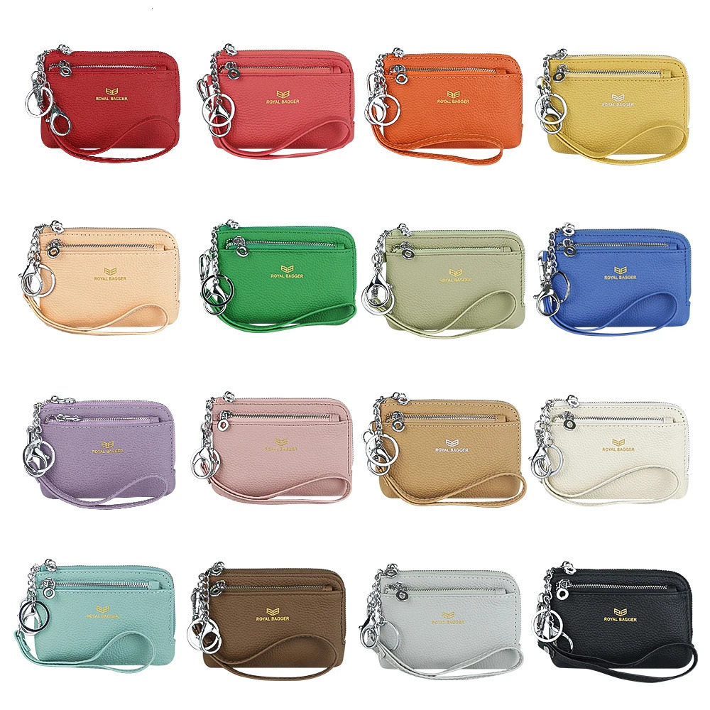 Royal Bagger RFID Coin Purse with Keychain Genuine Leather Multi Zipper Clutch Wallet Portable Wristlet Card Holder 250605