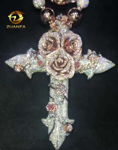 Unisex Luxury Hip Hop Necklace Custom 925 Sterling Silver VVS Moissanite Diamond Rose Cross Pendant Iced Out Fine Jewelry
