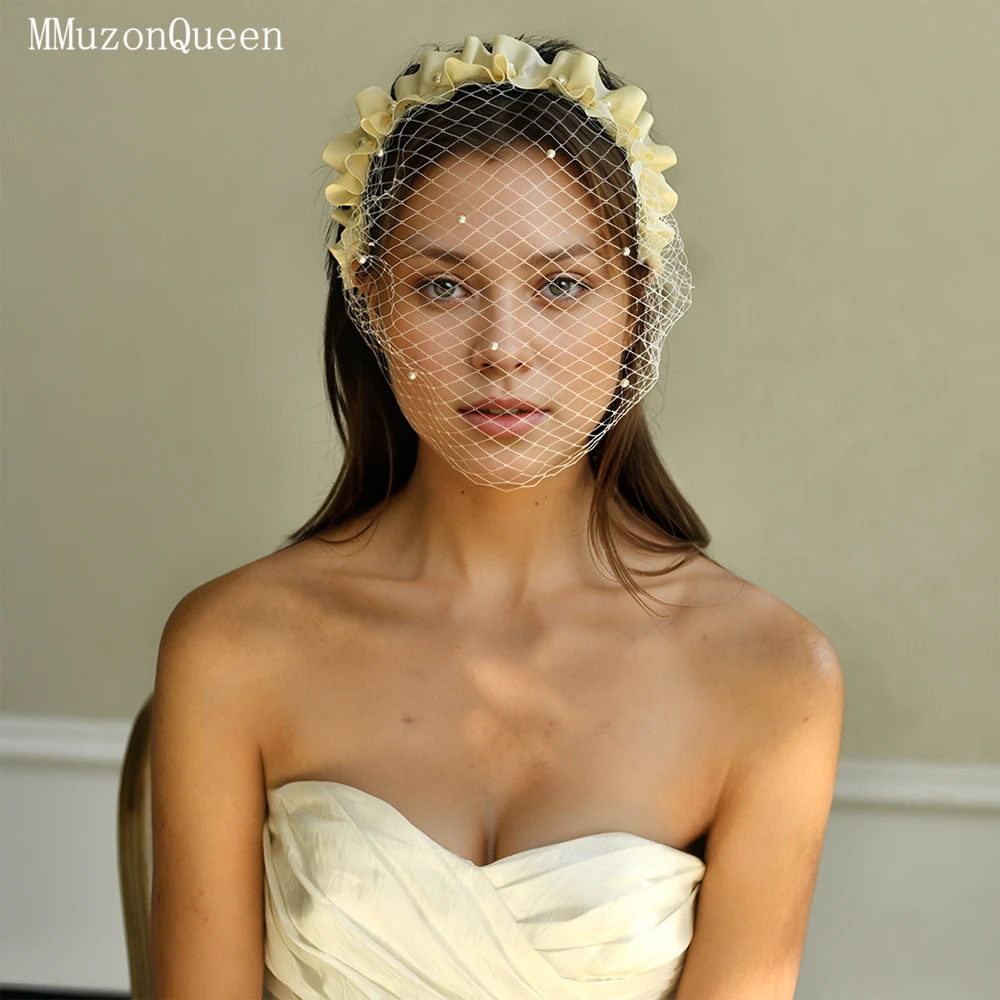MMQ Women Veil Fishbone Line With Headband Pearl Bridal Hair Accessories Vintage Po Accessory MA11 250530