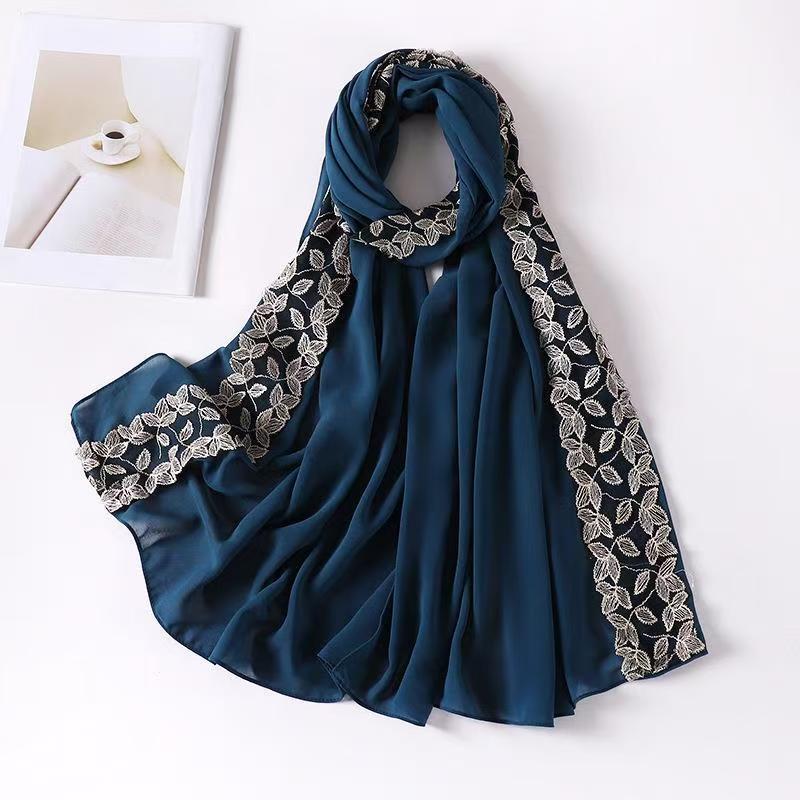 K927 Pearl chiffon scarf, leaf lace embellished head scarf, ladies' headscarf wholesale