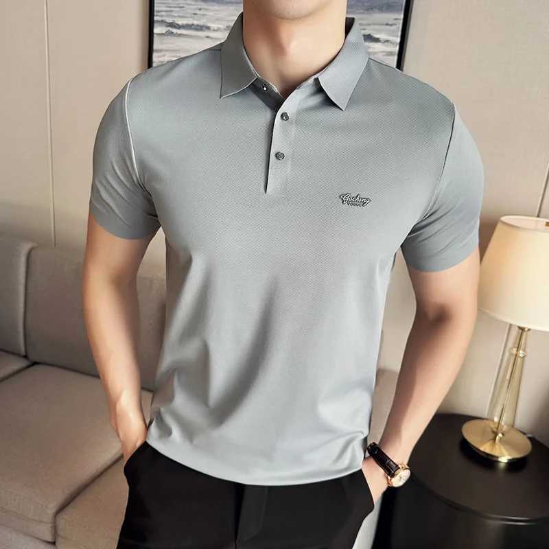 High Elasticity Mens Short Sleeve POLO Shirt 2024 Summer New Solid Casual Pure Cotton Slim Fit Embroidered T-shirt Mens Clothing XJ250605