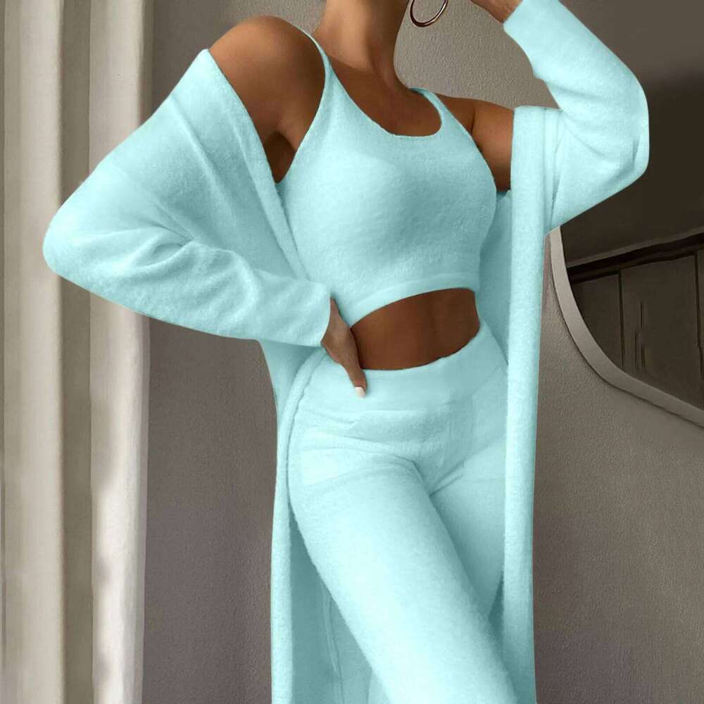 3Pieces Sets Women's New Sexy V-neck Plush Loungewear Sleeveless Crop Tops Waist Exposed Pants Long Coat 3-piece Set For Women