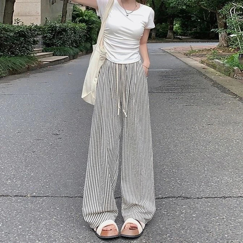 Vertical Stripe Drawstring High Waisted Straight Wide Leg Long Pants Clothes Vintage Casual Women Summer Trousers OL Trend 250604