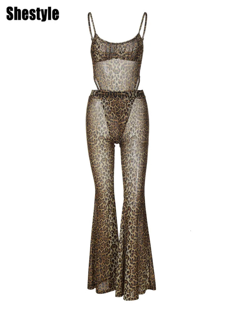 Shestyle Leopard Mesh Sexy Women Two Piece Sets Spaghetti Strap Bodysuit Flare Pants Sheer Brown Clubwear Waistless Outfit 250604