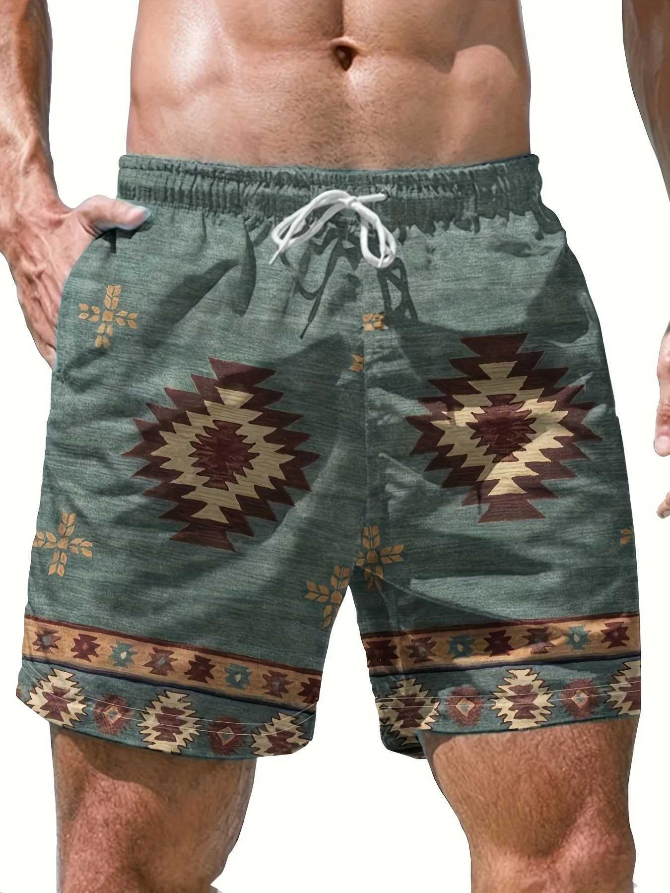 Summer Mens Regular Version Polyester Geometric Print Beach Shorts Suitable for Vacation and Daily Wear Swimming Shorts XJ250605