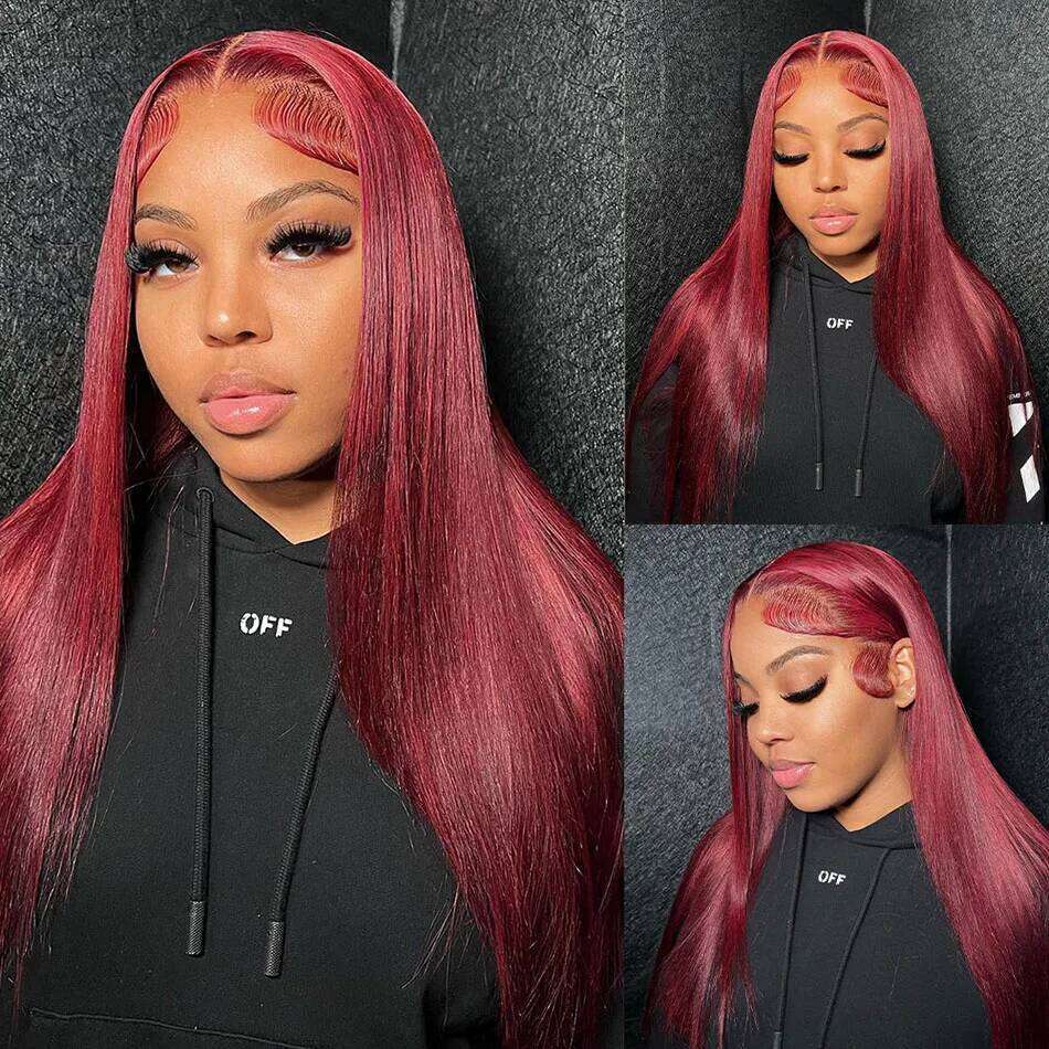 99J Bury 13x6 Colored HD Front Wigs PrePlucked Premium Red Peruvian Straight Lace Frontal Human Hair Wig