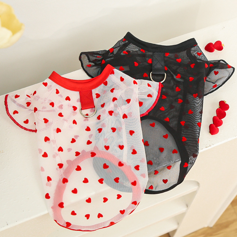 Pet Clothes Cat Summer Mesh Heart-shaped Vest Flying Sleeves Clothing Comfortable Clothes