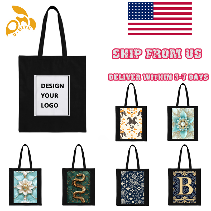 Free shipping TOP fashion designers customize lightweight high-quality black full-print canvas tote DIY bags