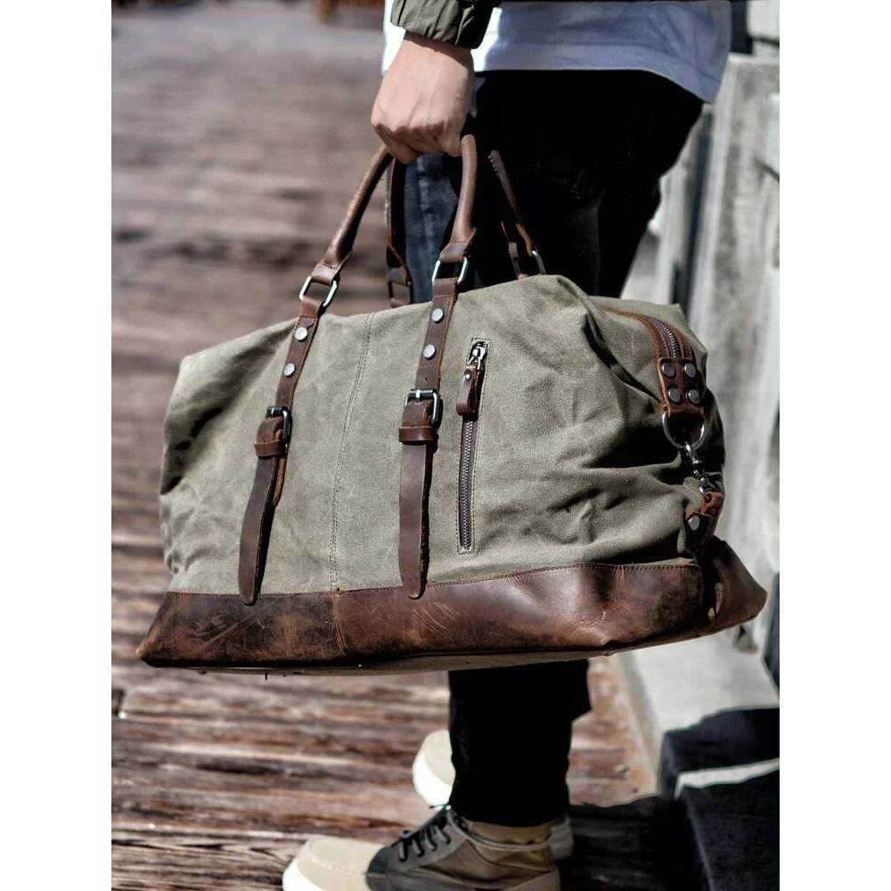 Men M Hand Lage Canvas Leather Travel Duffel Shoulder Bags Large Capacity Weekend Overnight