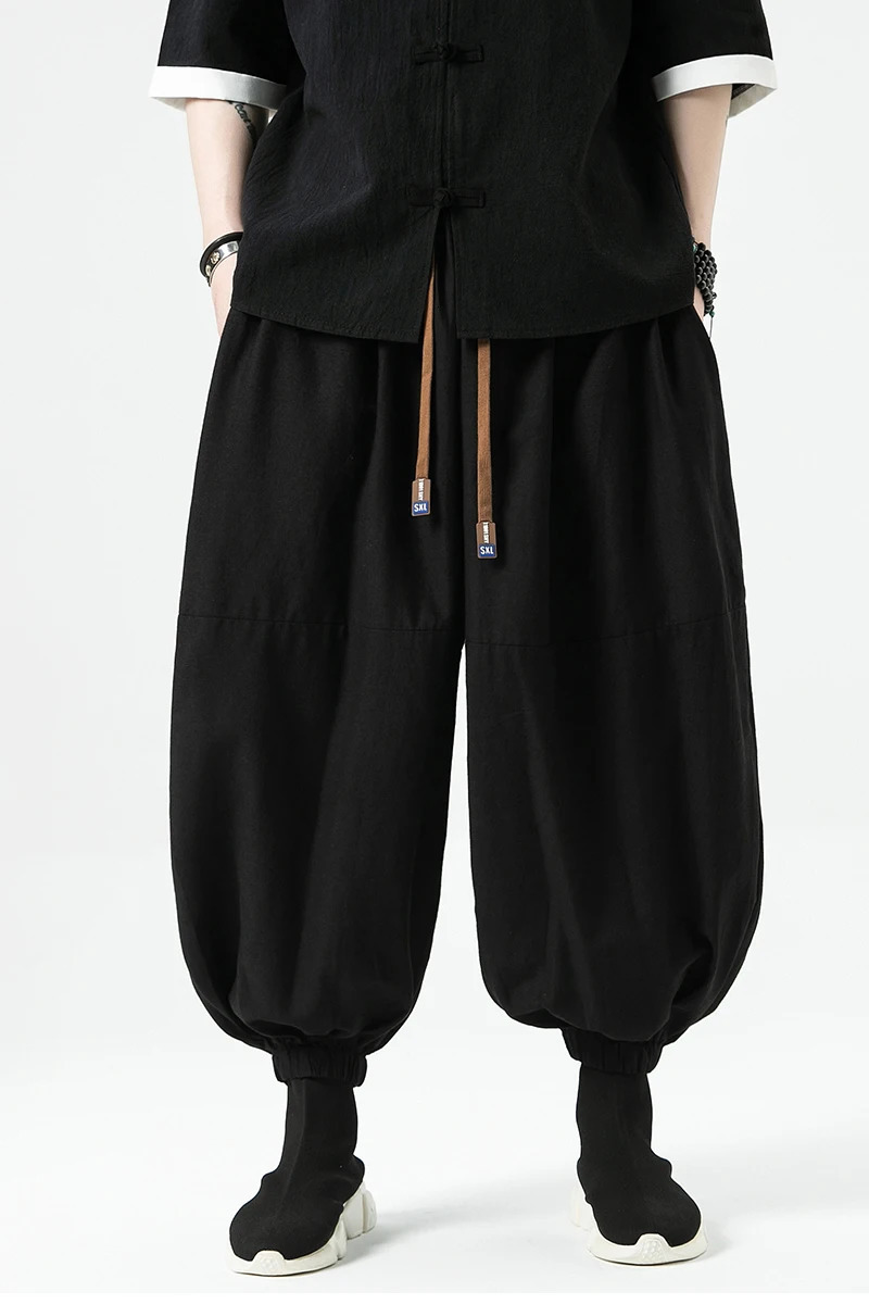 Summer Men Wide Leg Pants Men Dark Wind Solid Color Casual Pants Japanese Styles Harun Pants Men Cotton Linen Lantern Pants 250604