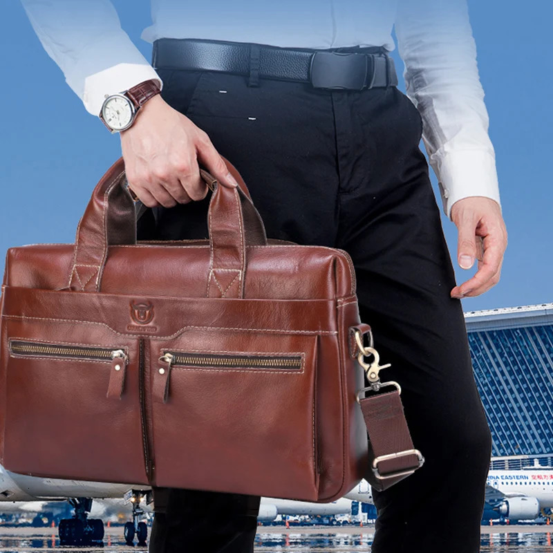 BULLCAPTAIN Mens Leather Briefcase Can Be Used For 15.5-Inch Notebook Large-Capacity Work Bags Business Shoulder Messenger Bag 250603