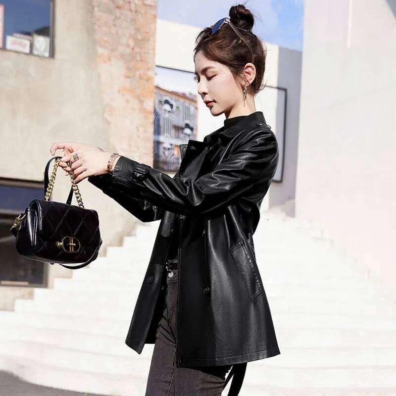 Autumn Winter New Women Temperament Slim-Fit Leather Coat Female Mid-Length Versatile Solid Color Sheepskin Trench Outwear