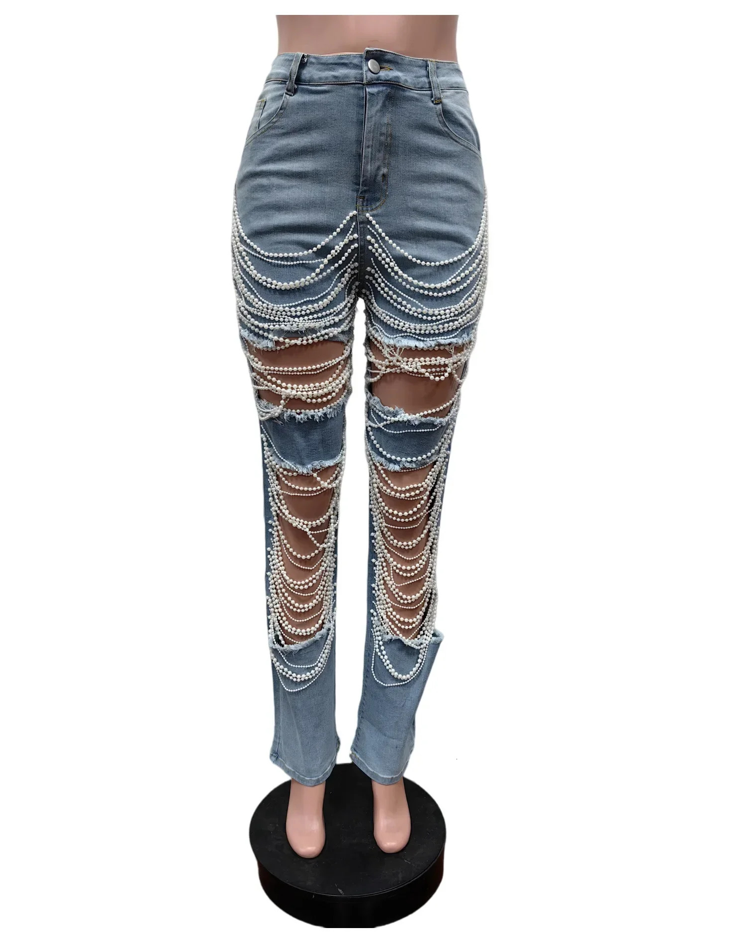Jeans Women Long Pants Denim Pant Hole Pearl Slim Mom Blue Sexy Y2k Streetwear Casual Elegant Button Pocket Trousers Summer 250604