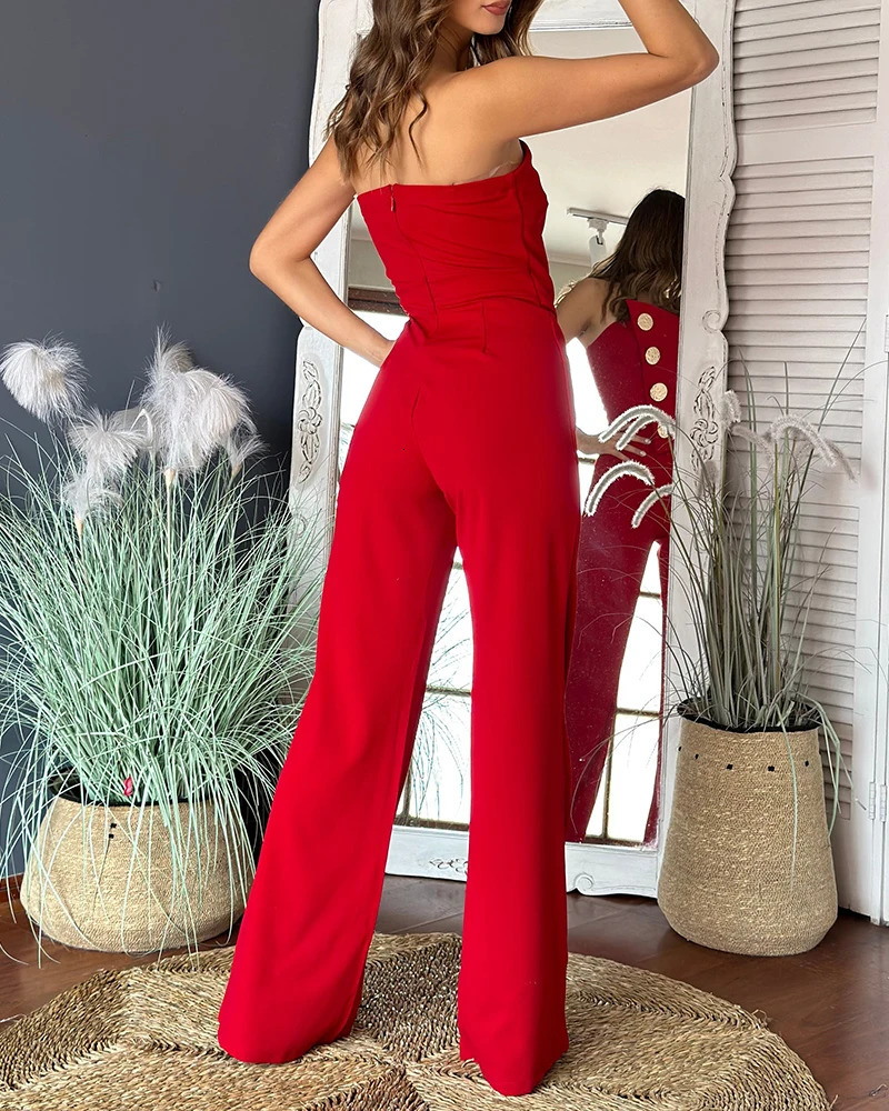 2024 Asymmetrical Bandeau Strapless Jumpsuit Metal Button Decor Casual Overalls 250521