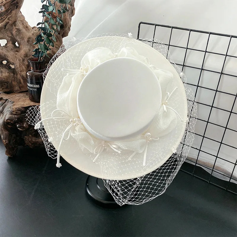 wedding hat French black top hat mesh bridal white elegant bow vintage handmade flat hat chapeau femme luxe ceremonie mariage 250604