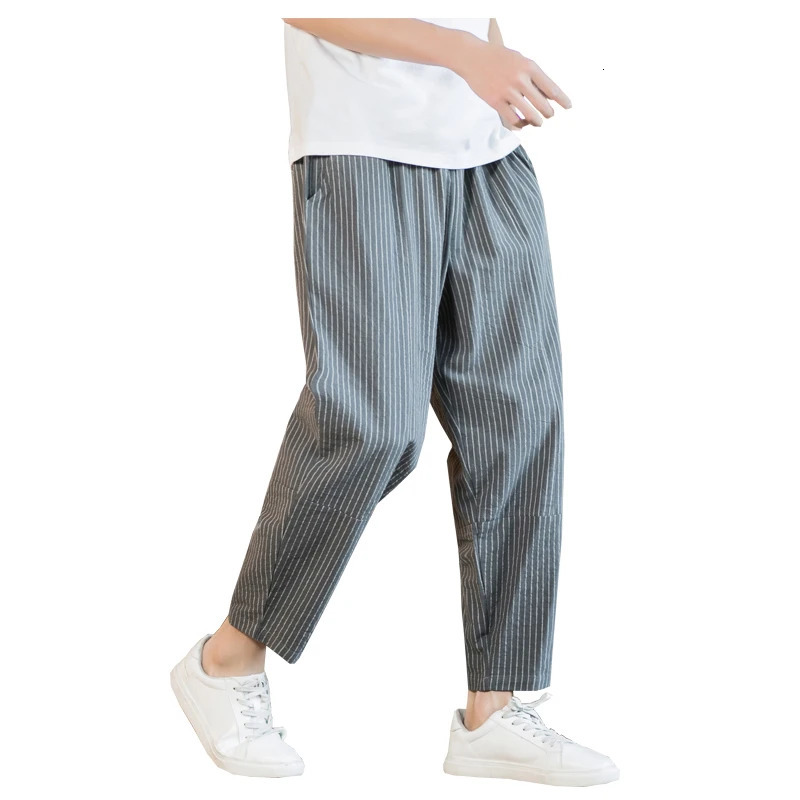 Summer Mens Large Size Classic Harem Pants 3 Colors Casual Fashion Stripe Drawstring Cropped Linen Thin Trousers 250605Z