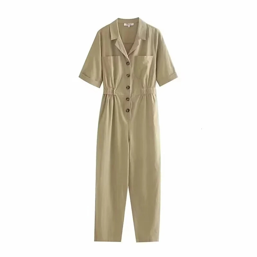 womens casual and elegant n with European American style shortsleeved solid color linen jumpsuit 250604