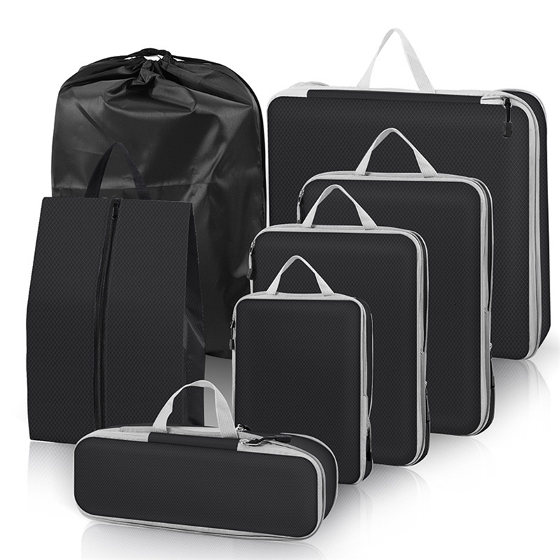 3-7PCS Compressed Packing Cubes Travel Storage Organizer Set With Shoe Bag Mesh Visual Luggage Portable Lightweight Suitcase Bag 250605