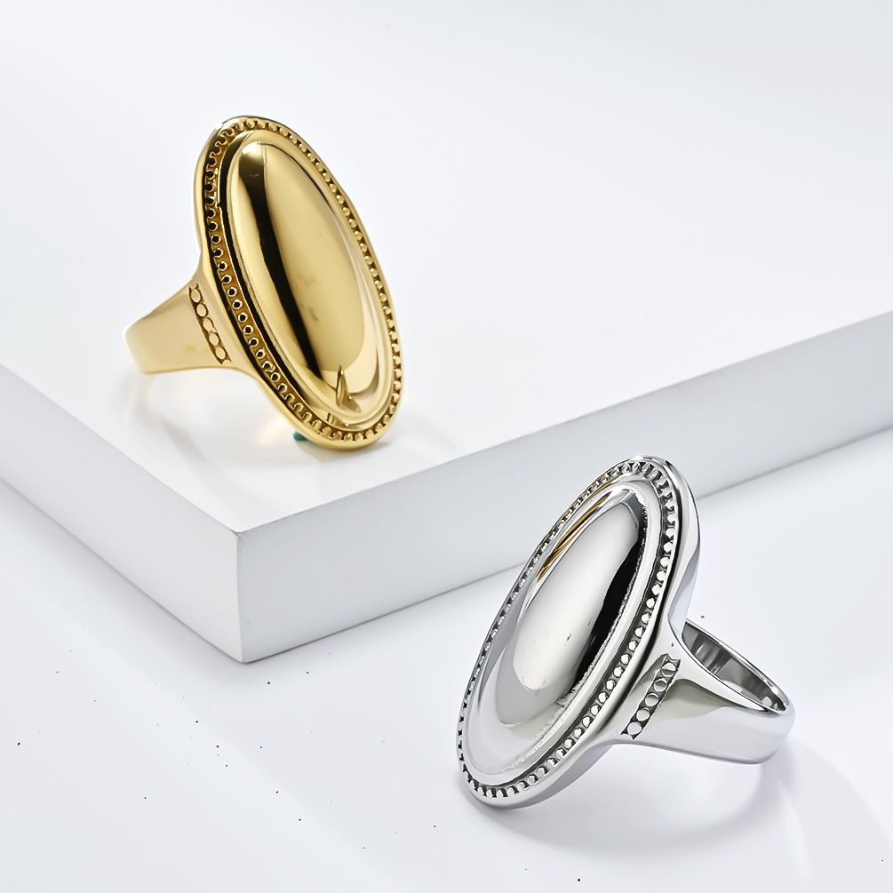 Vintage Simple Oval Ring Stainless Steel High Polished 18K Gold Plated Jewelry