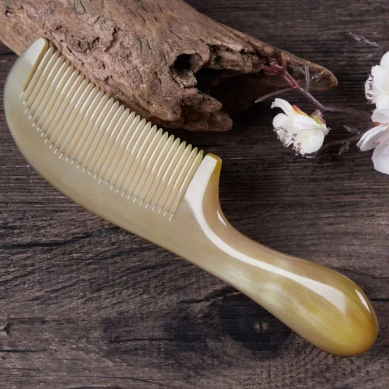 Natural Ox Horn Comb Anti-Static Fine Tooth Hair Styling Detangling Comb with Handle for Men Women Head Scalp Health Care 250603