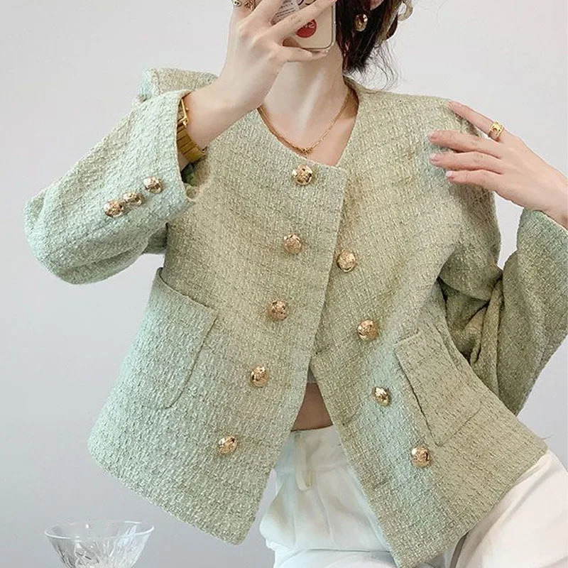 Spring and Autumn Fashion French Celebrity Double Breasted Small Fragrant Coat Versatile Western Short Womens Long Sleeved Top 250530