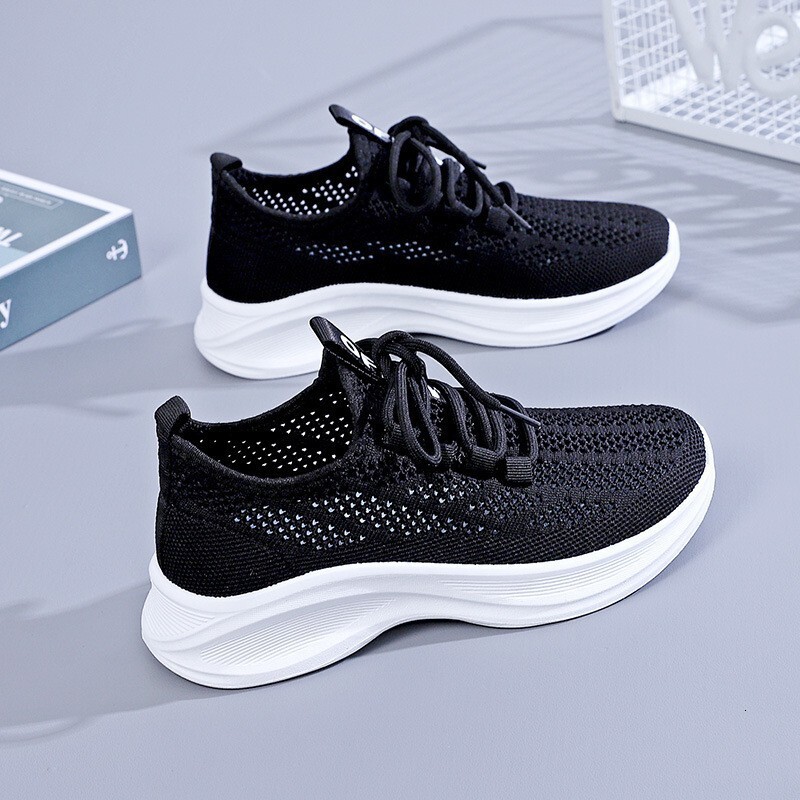 Flyknit Casual Shoes Women S Spring New Korean Style Mesh Breathable White Sneakers Outdoor Comfortable Simple Lightweight Thick Soled Sports Shoes Dd