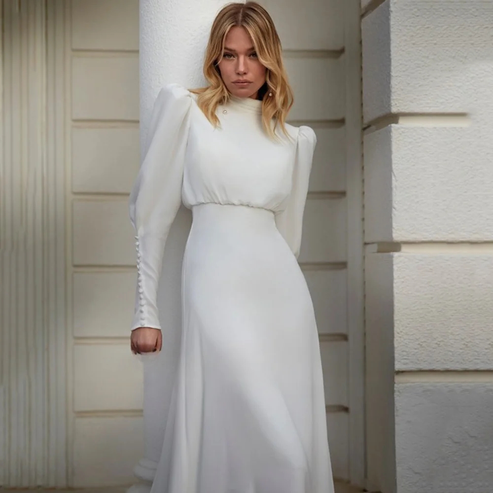 2025 Modern High Neck White Chiffon Wedding Dress Women Long Lantern Sleeve Pleats A-line Bride Gown Button Sweep Train Vestidos De Noiva