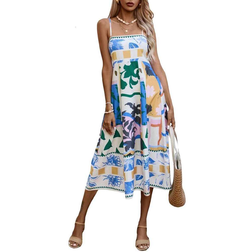 Women Summer Casual A-line Print Spaghetti Strap Backless Midi Fashion Sleeveless Cami Dress