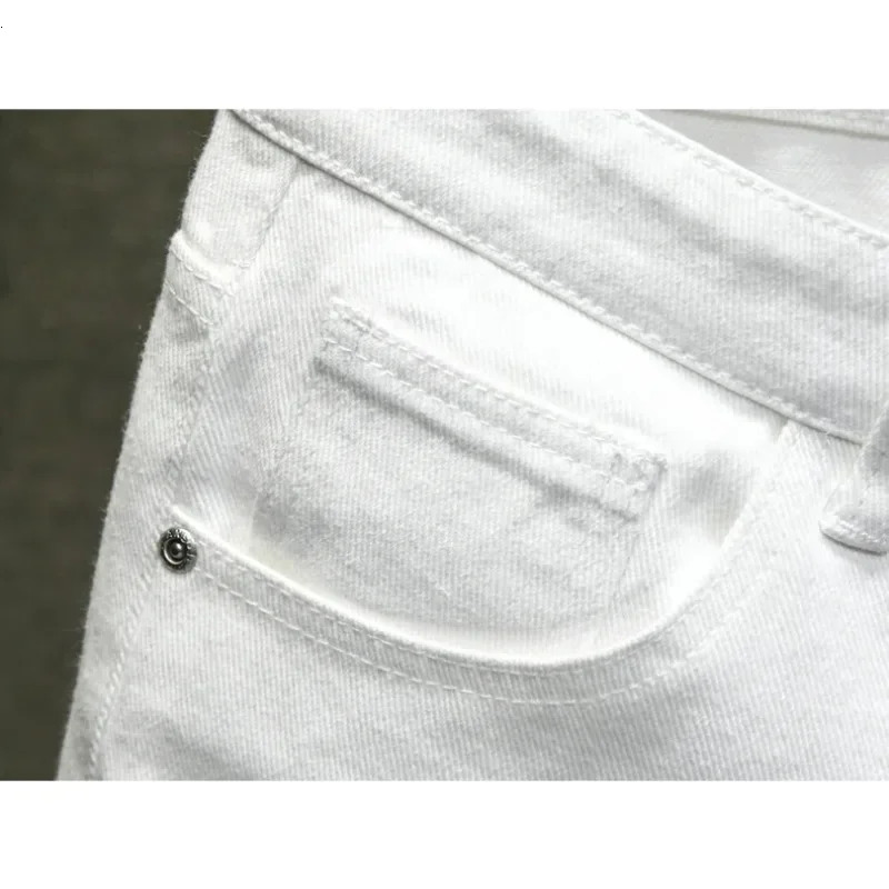 White Denim Shorts Men Ripped Knee Length Fashion Jeans Casual Hole Slim Male Short Pants Streetwear 250604