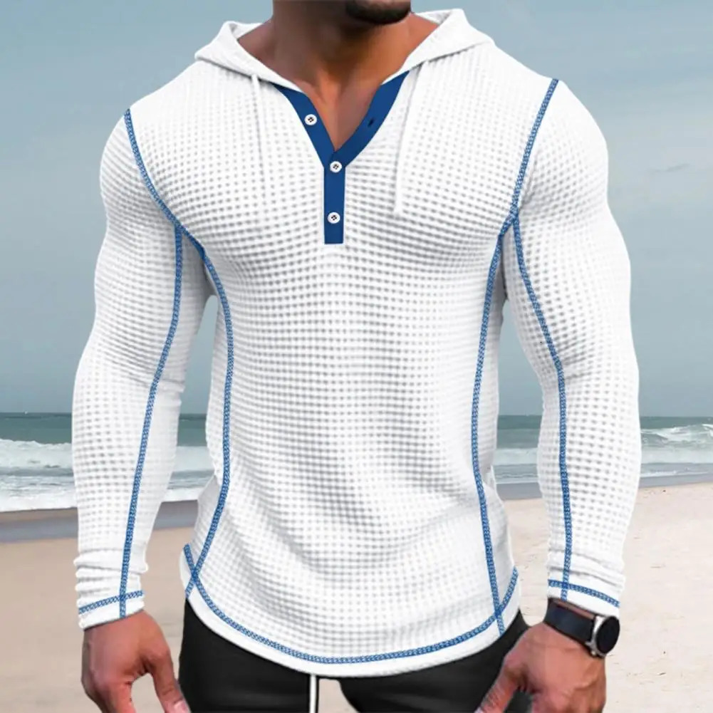 Breathable Waffle Fabric Sweatshirt Stylish Mens Waffle Cotton Hoodie Slim Fit Button Closing Breathable Long for Fashionable 250605