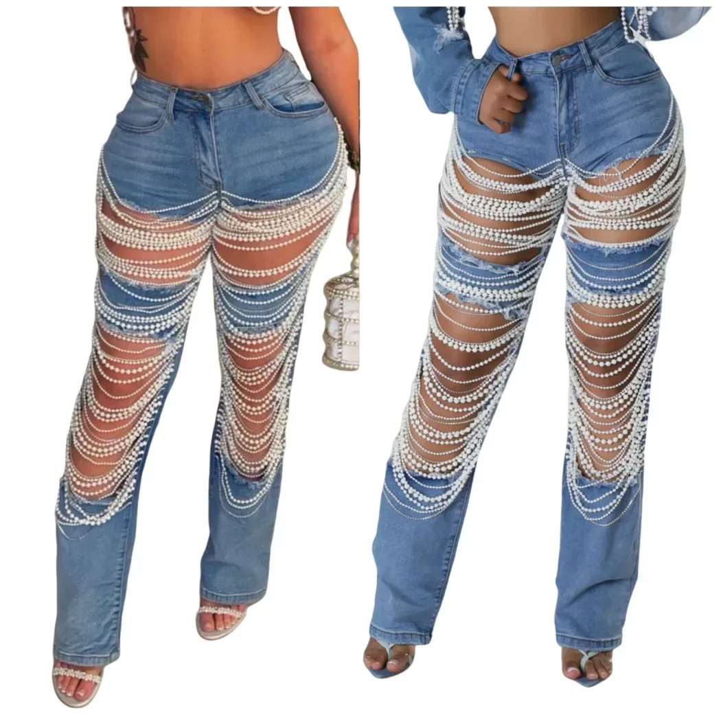 Jeans Women Long Pants Denim Pant Hole Pearl Slim Mom Blue Sexy Y2k Streetwear Casual Elegant Button Pocket Trousers Summer 250604
