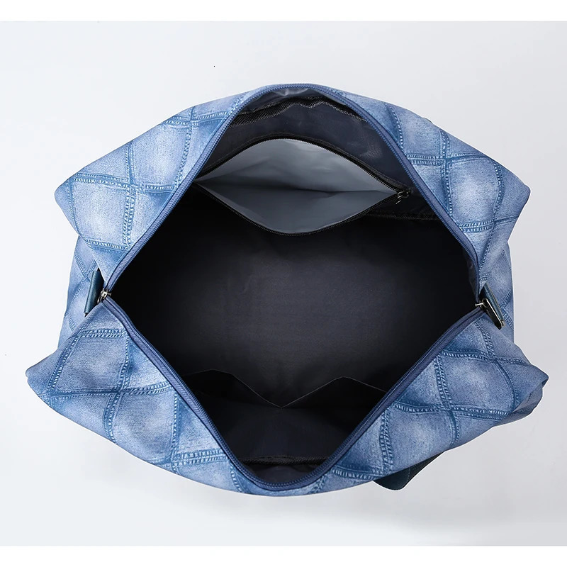 Fashion Large Capacity Expandable Travel Duffle Luggage Bag Women Denim Plaid Waterproof Sports Fitness Bag Handbag Shoulder Bag 250530