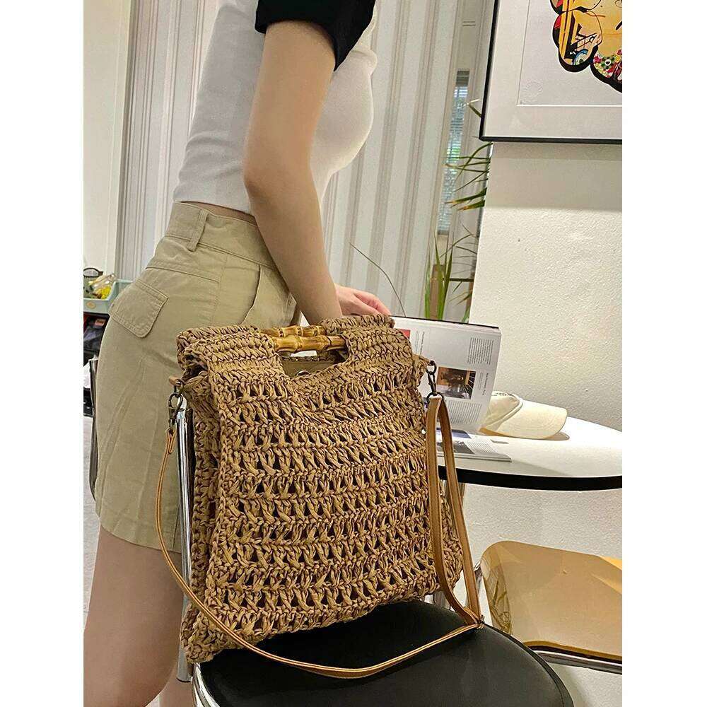 Bamboo Handle Straw Handbag Handmade Woven Beach Bags For Women Paper Rope Knitting Rattan Square Shoulder Crossbody Bag New
