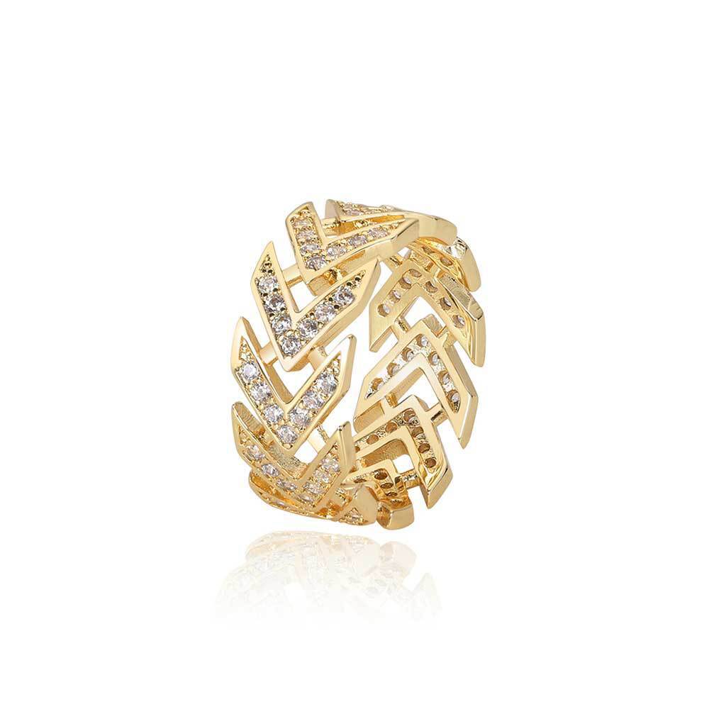 New hip hop V-shaped arrow ring real gold plated copper set Moissanite hiphop mens ring moissanite